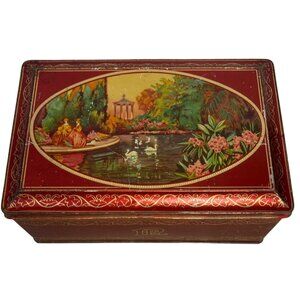 Vtg Rileys Toffee Kingston Assortment Red Decorative Tin Box Scenic Lid England